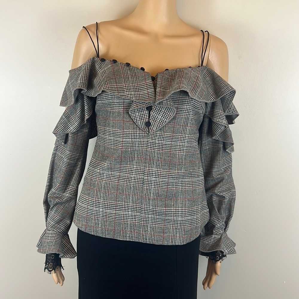 Self-Portrait Off  the Shoulder Check Wool Frill … - image 7