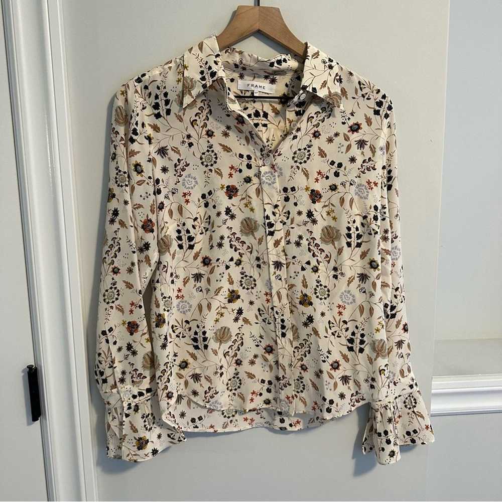 FRAME Cream Floral Silk Long Sleeve Blouse Small - image 9