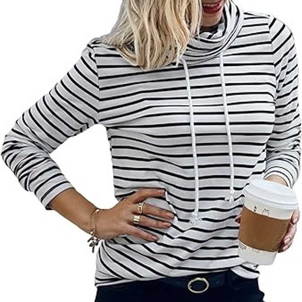 Women's striped high neck T-shirt casual long sle… - image 1