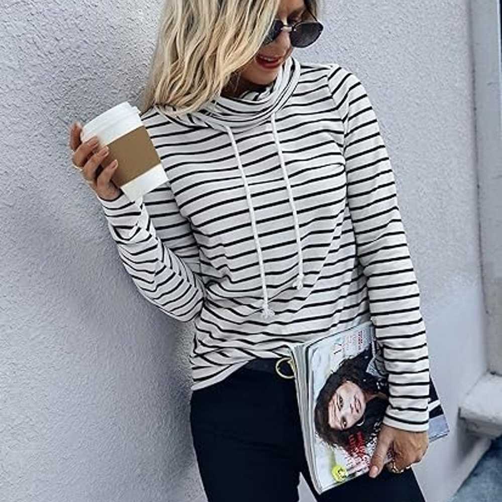 Women's striped high neck T-shirt casual long sle… - image 2