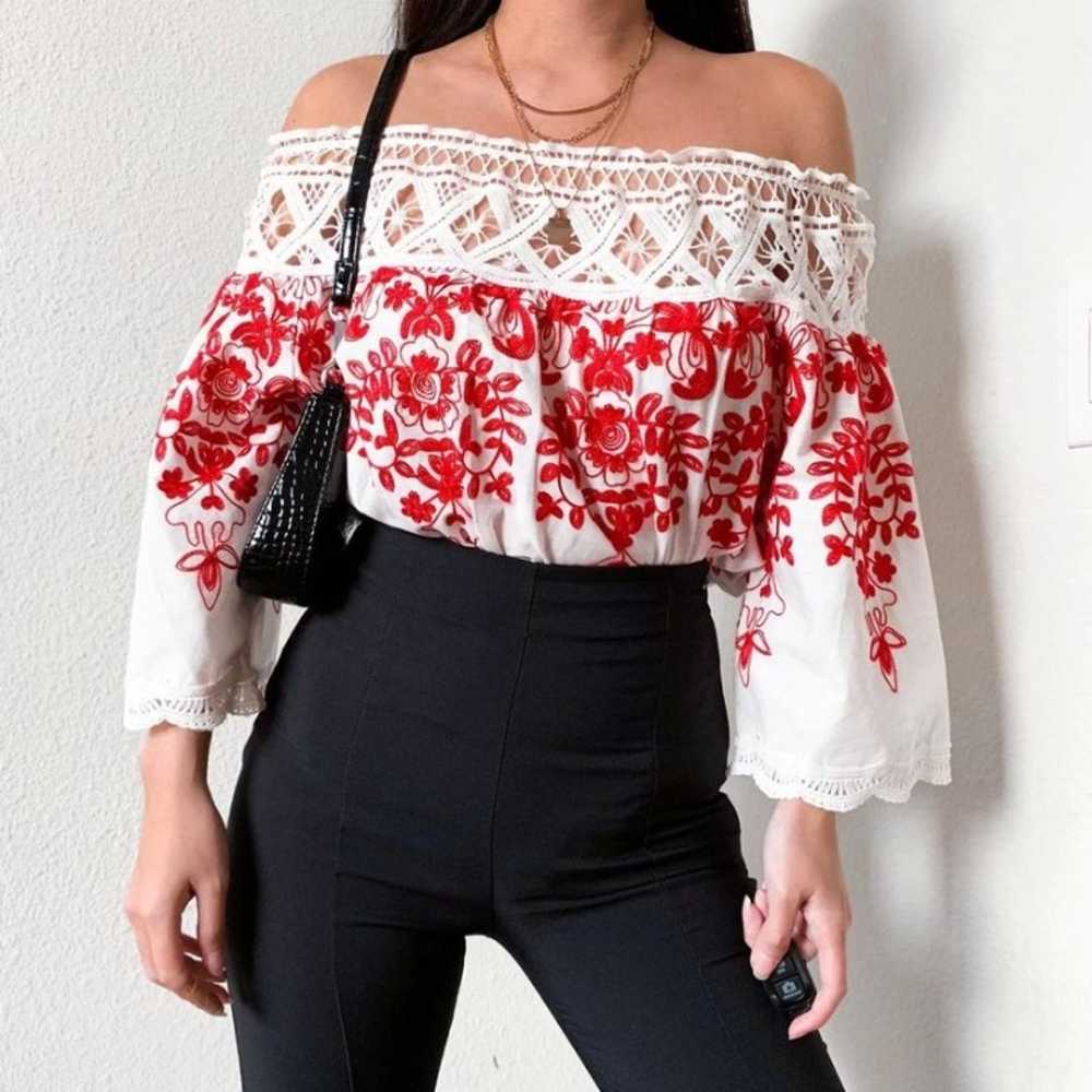 White Red Off The Shoulder Floral Lace  Blouse Top - image 1