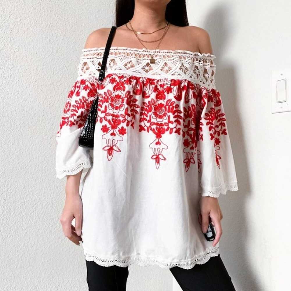 White Red Off The Shoulder Floral Lace  Blouse Top - image 2