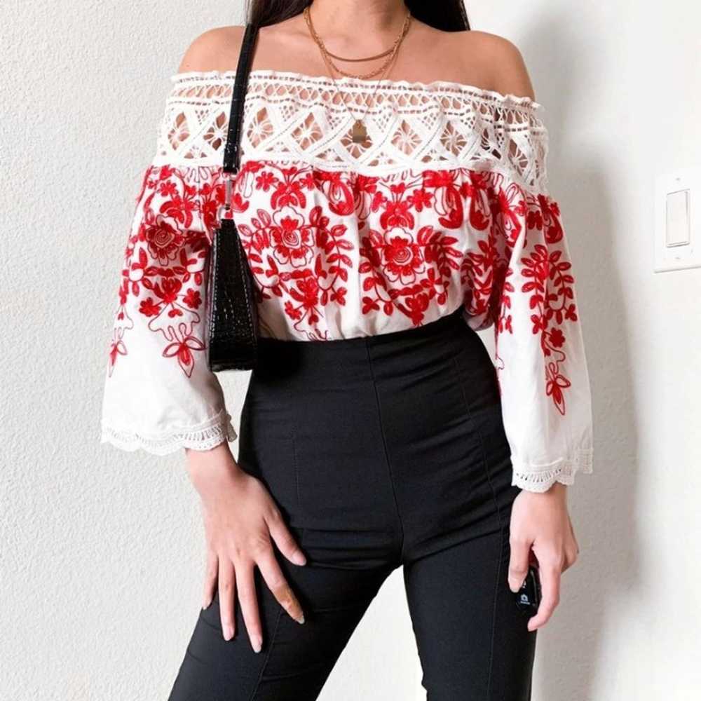White Red Off The Shoulder Floral Lace  Blouse Top - image 3