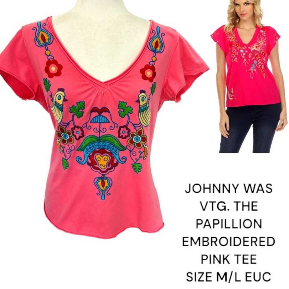 JOHNNY WAS EMBROIDERED PINK PAPILLION TEE VTG SHI… - image 1