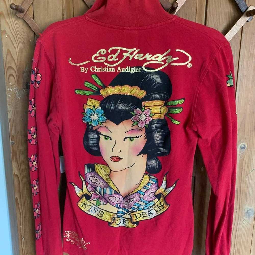 Ed Hardy Geisha Kiss of Death red long sleeve jew… - image 3