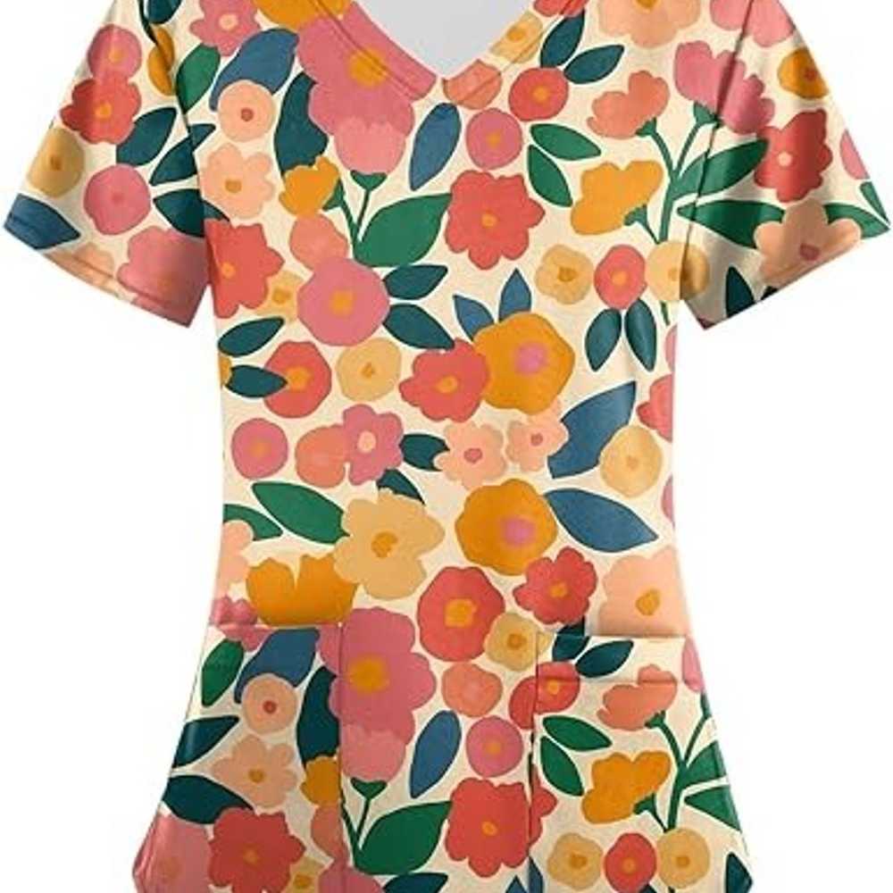 Scrub Tops for Women Floral Printed Short Sleeve … - image 1