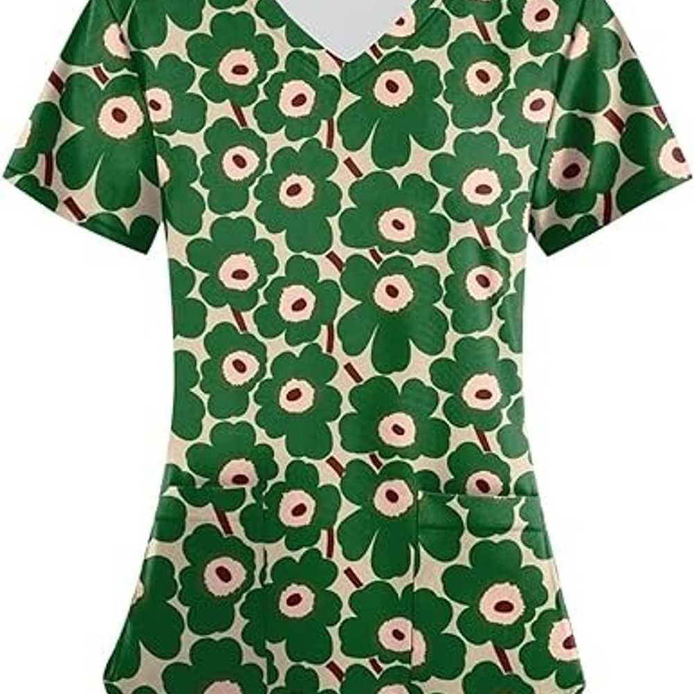 Scrub Tops for Women Floral Printed Short Sleeve … - image 2