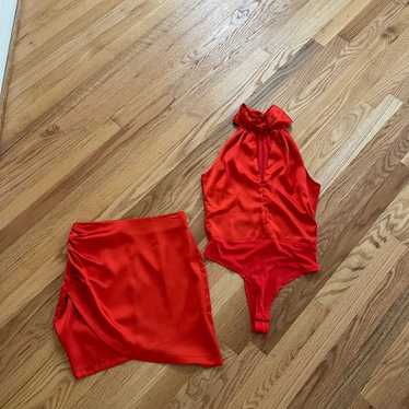 Red bodysuit and skirt set Satin V cut halter bod… - image 1