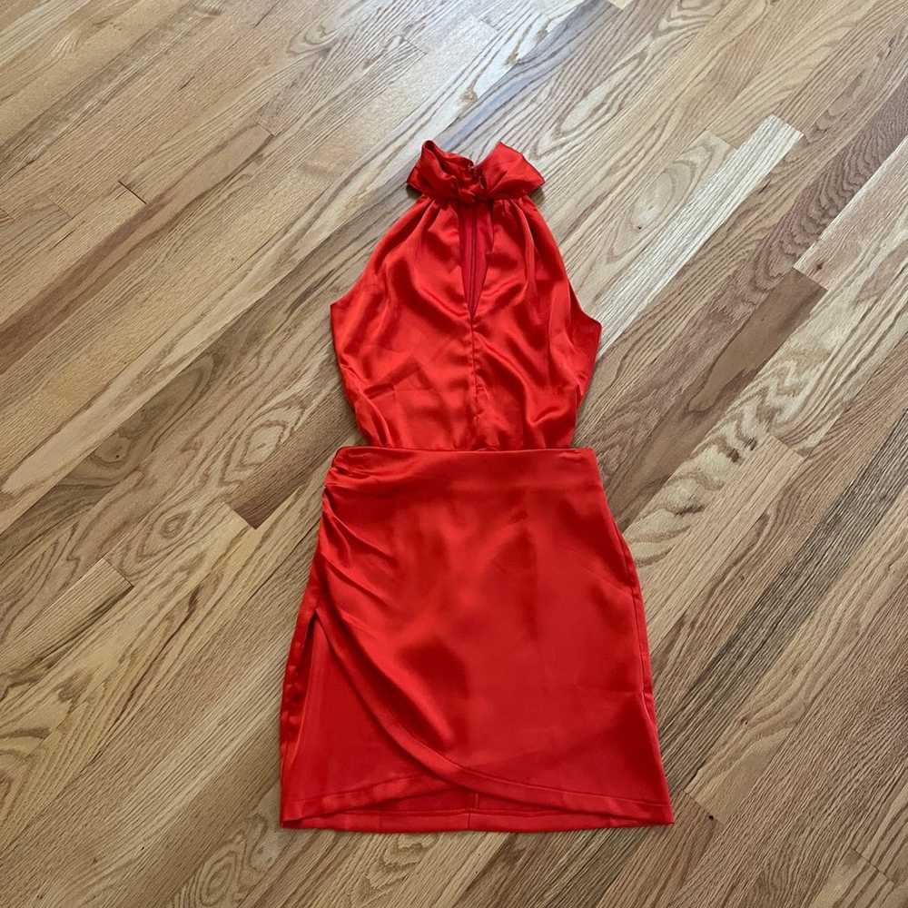 Red bodysuit and skirt set Satin V cut halter bod… - image 2