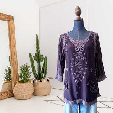 Johnny Was Crochet Trim Embroidered Tunic Blouse - image 1
