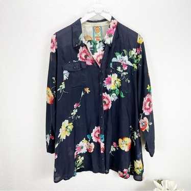 Johnny Was Blue Floral Silk Button Down Top Size … - image 1