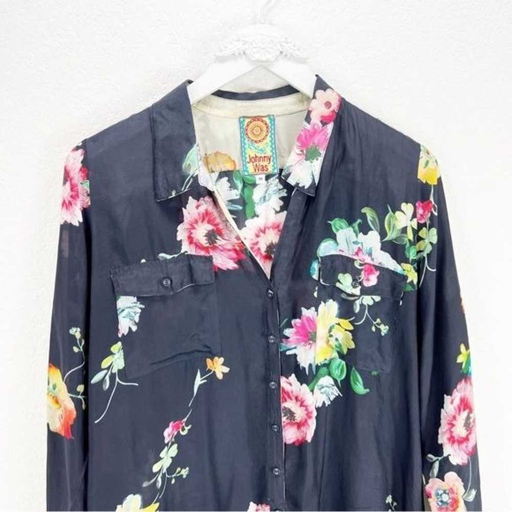 Johnny Was Blue Floral Silk Button Down Top Size … - image 2