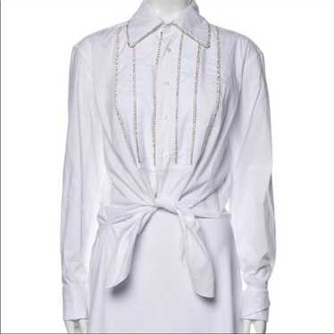 Area NYC Long Sleeve Button Up Pleated Crystal Shi