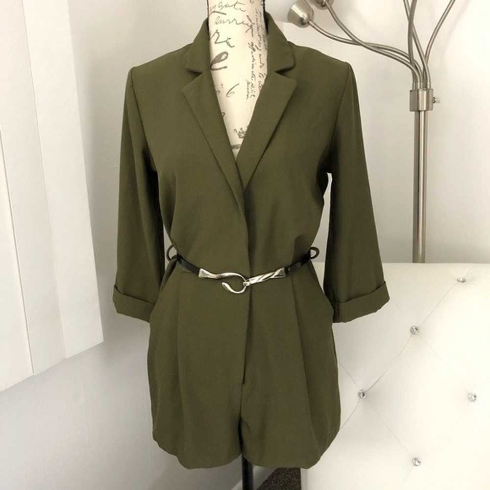 Army Green 3/4 Sleeve Dressy Collared Belted Romp… - image 1