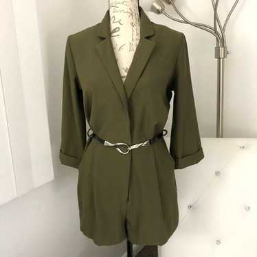 Army Green 3/4 Sleeve Dressy Collared Belted Romp… - image 1