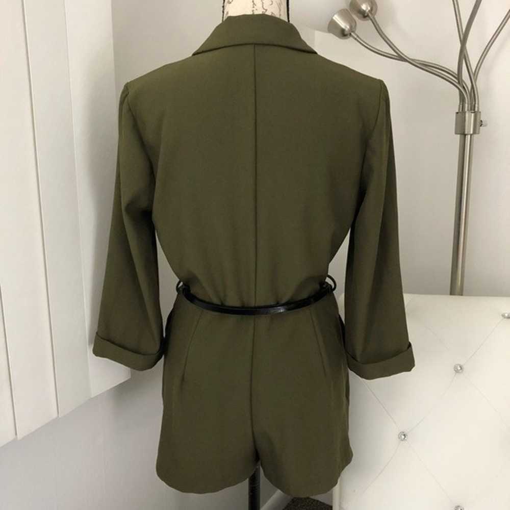 Army Green 3/4 Sleeve Dressy Collared Belted Romp… - image 2