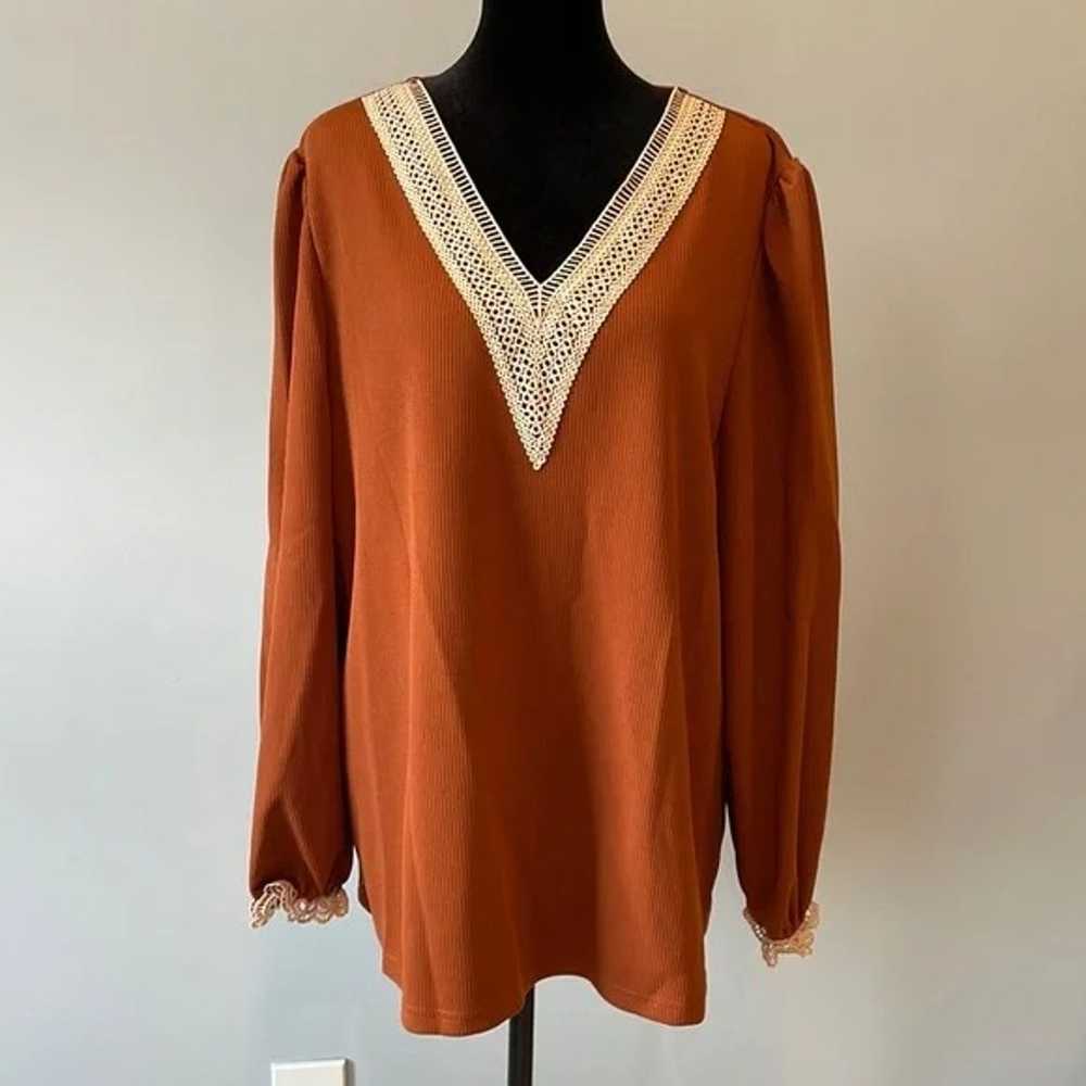 brown long sleeve ladies blouse with cream lace t… - image 1