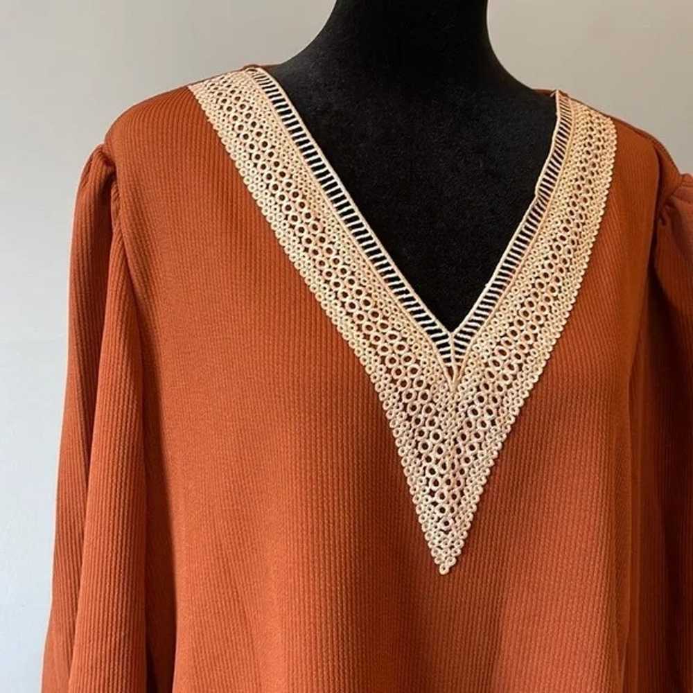 brown long sleeve ladies blouse with cream lace t… - image 2