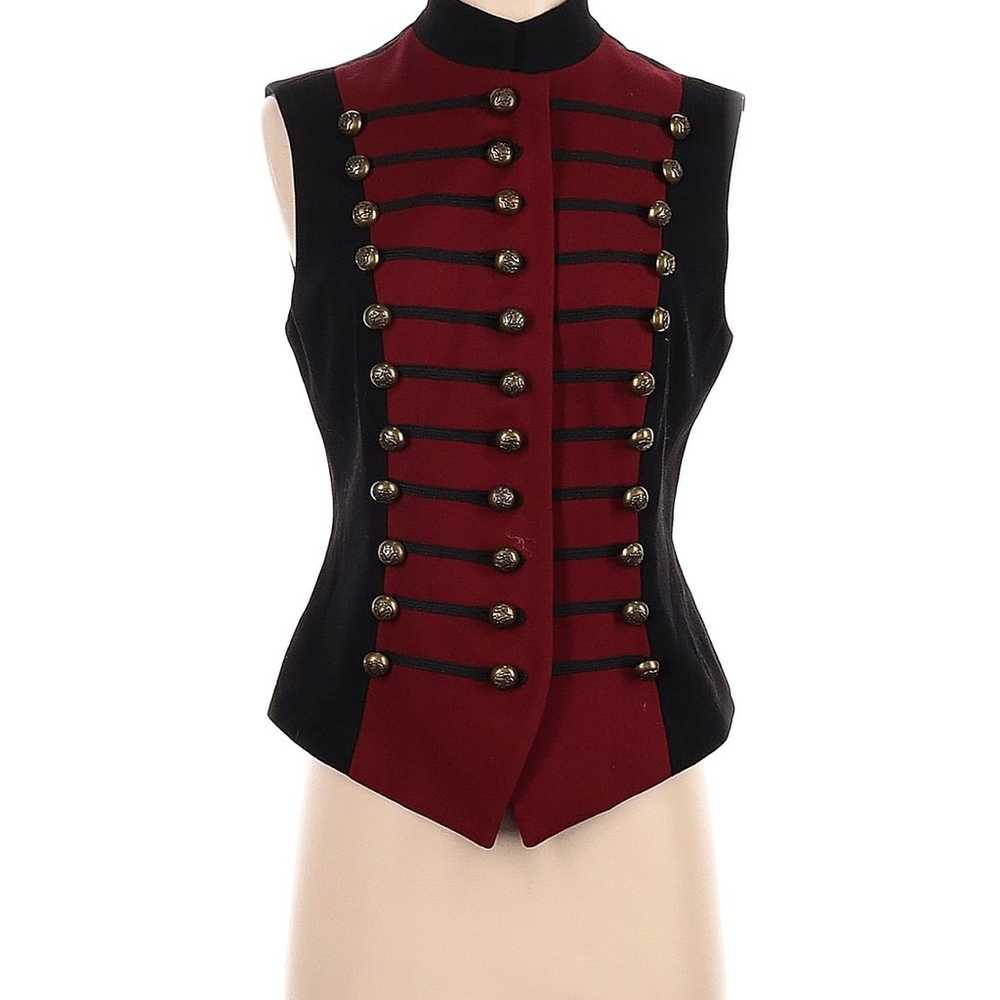 DKNY Red Black Wool Military Vest Gold Brass Butt… - image 1