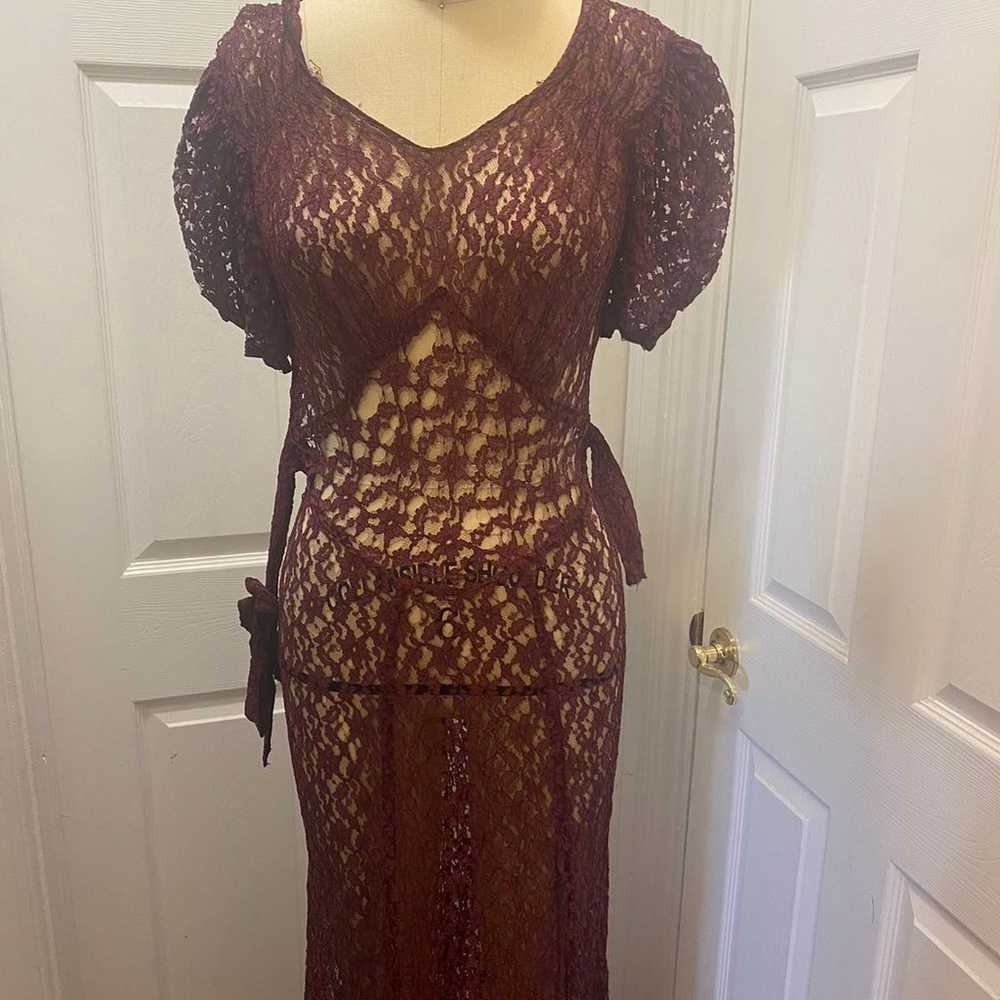 Antique 30s-40s Bias Cut Lace Gown Puff Sleeve Sh… - image 10