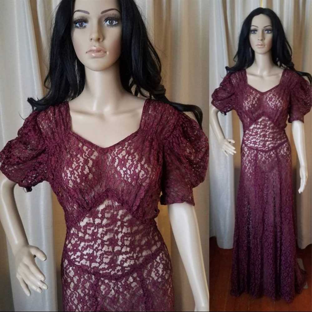 Antique 30s-40s Bias Cut Lace Gown Puff Sleeve Sh… - image 1