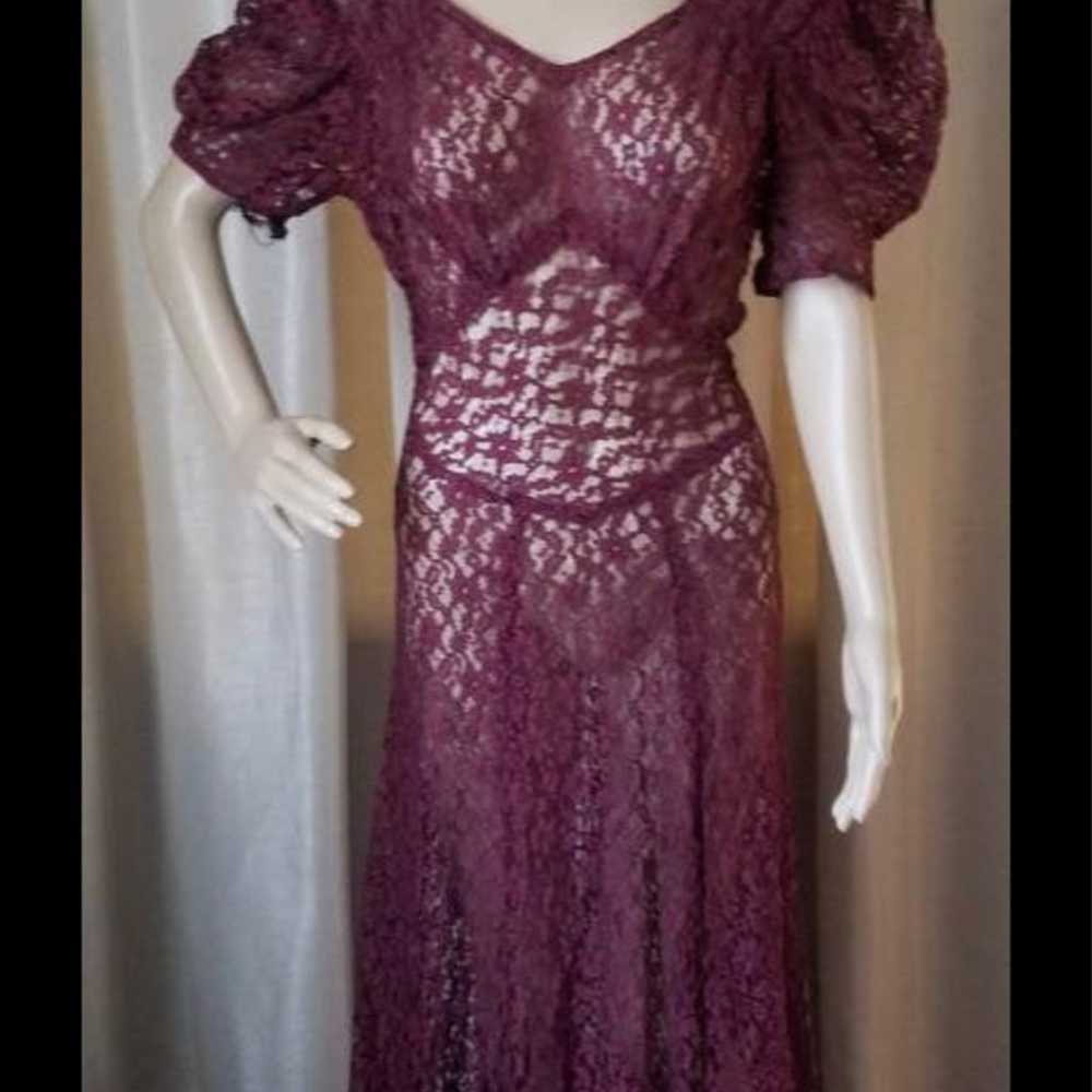 Antique 30s-40s Bias Cut Lace Gown Puff Sleeve Sh… - image 2