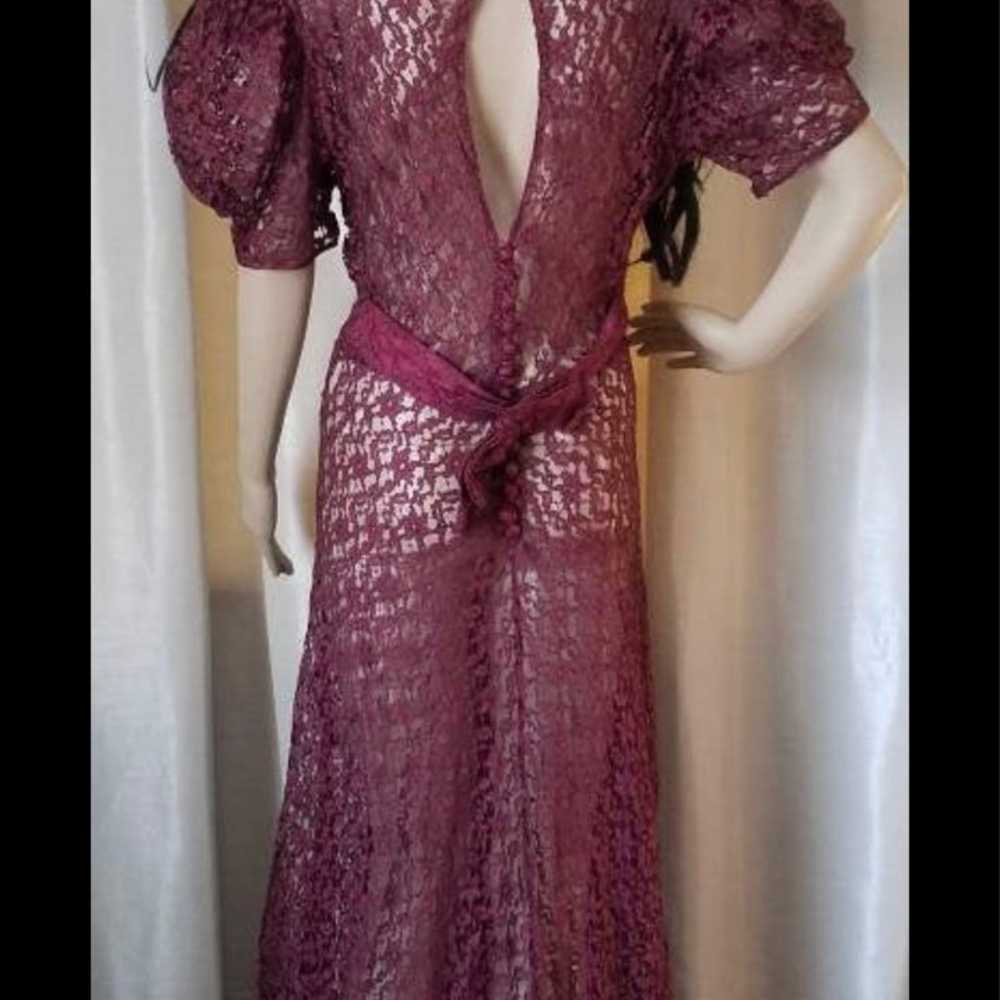 Antique 30s-40s Bias Cut Lace Gown Puff Sleeve Sh… - image 3