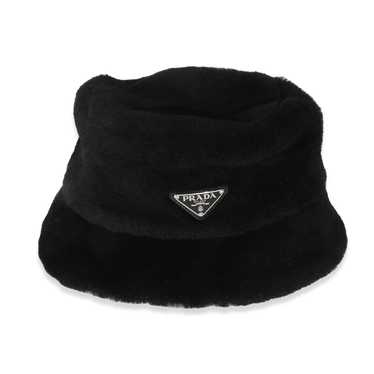 Prada Prada Black Shearling Logo Bucket Hat L - image 1