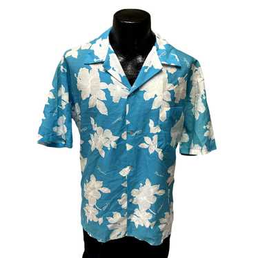 Vintage 50 60's Aikane Men White HIBISCUS Aqua Blu