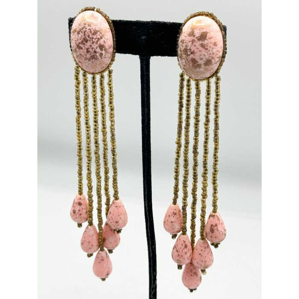 Vintage Vintage pink gold beaded tassel earrings - image 2