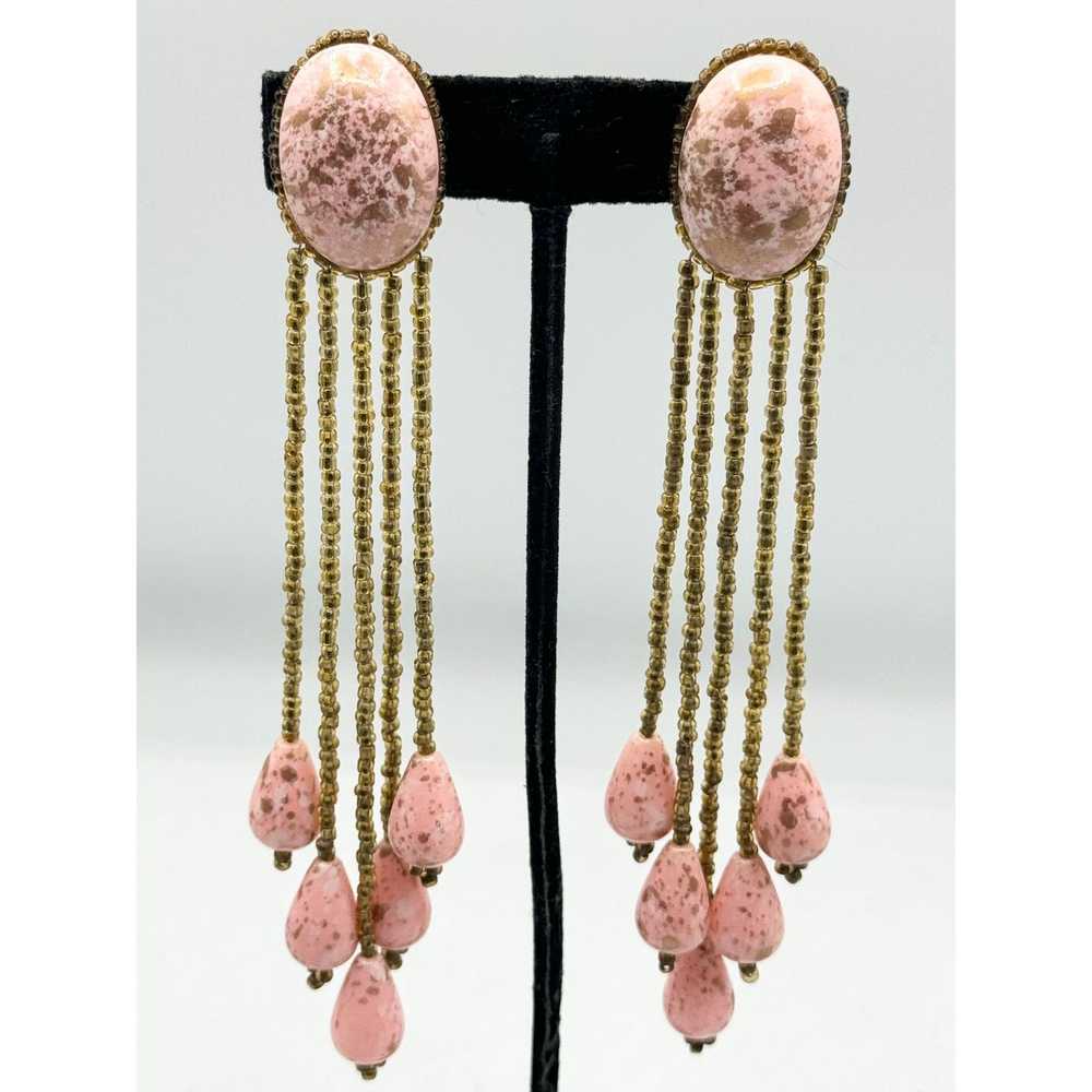 Vintage Vintage pink gold beaded tassel earrings - image 3