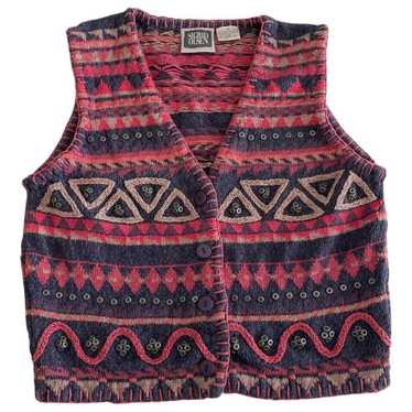 Vintage 90s Sigrid Olsen Sweater Vest Pink Blue S… - image 1