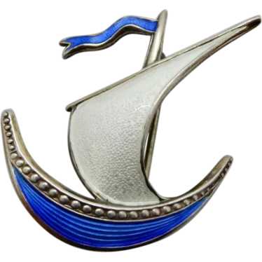 Scandinavian Sterling Enamel Pin Viking Ship Norwa