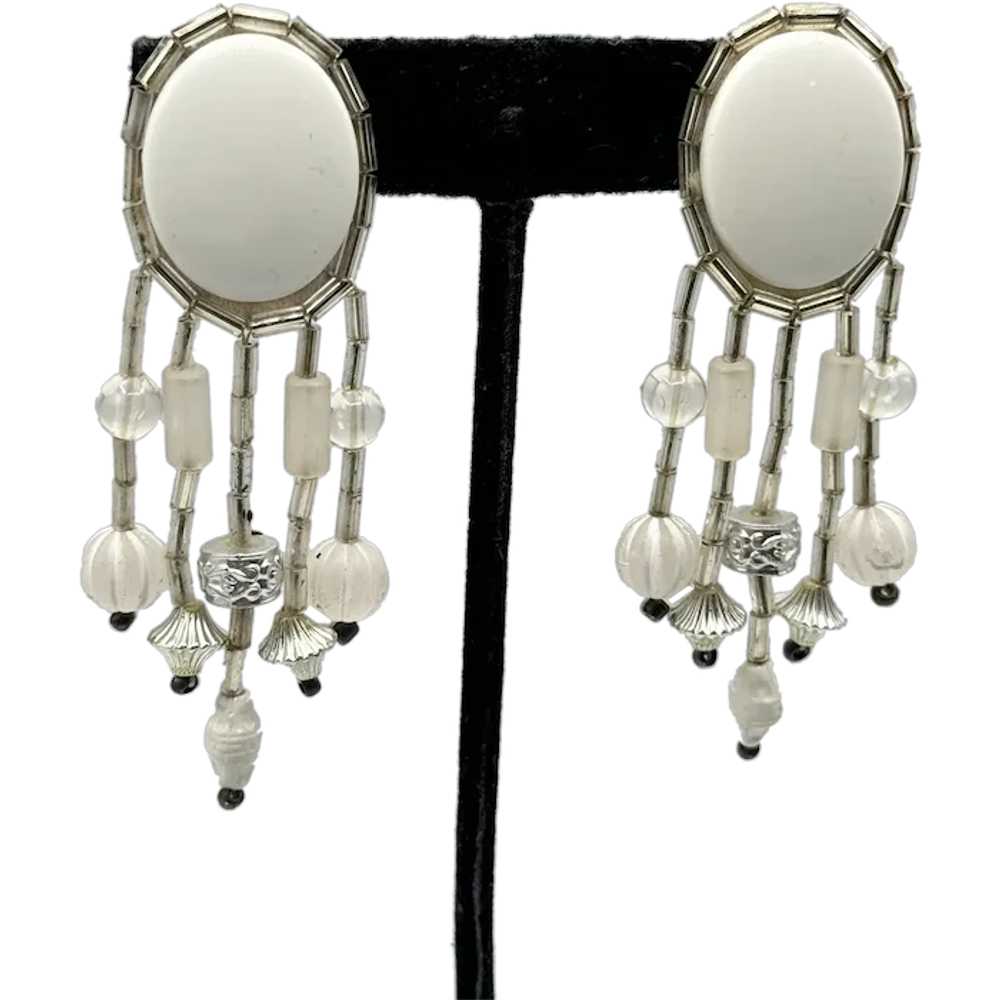 Vintage white beaded silver tassel earrings - image 1