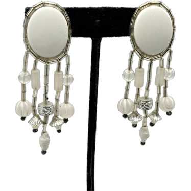 Vintage white beaded silver tassel earrings - image 1