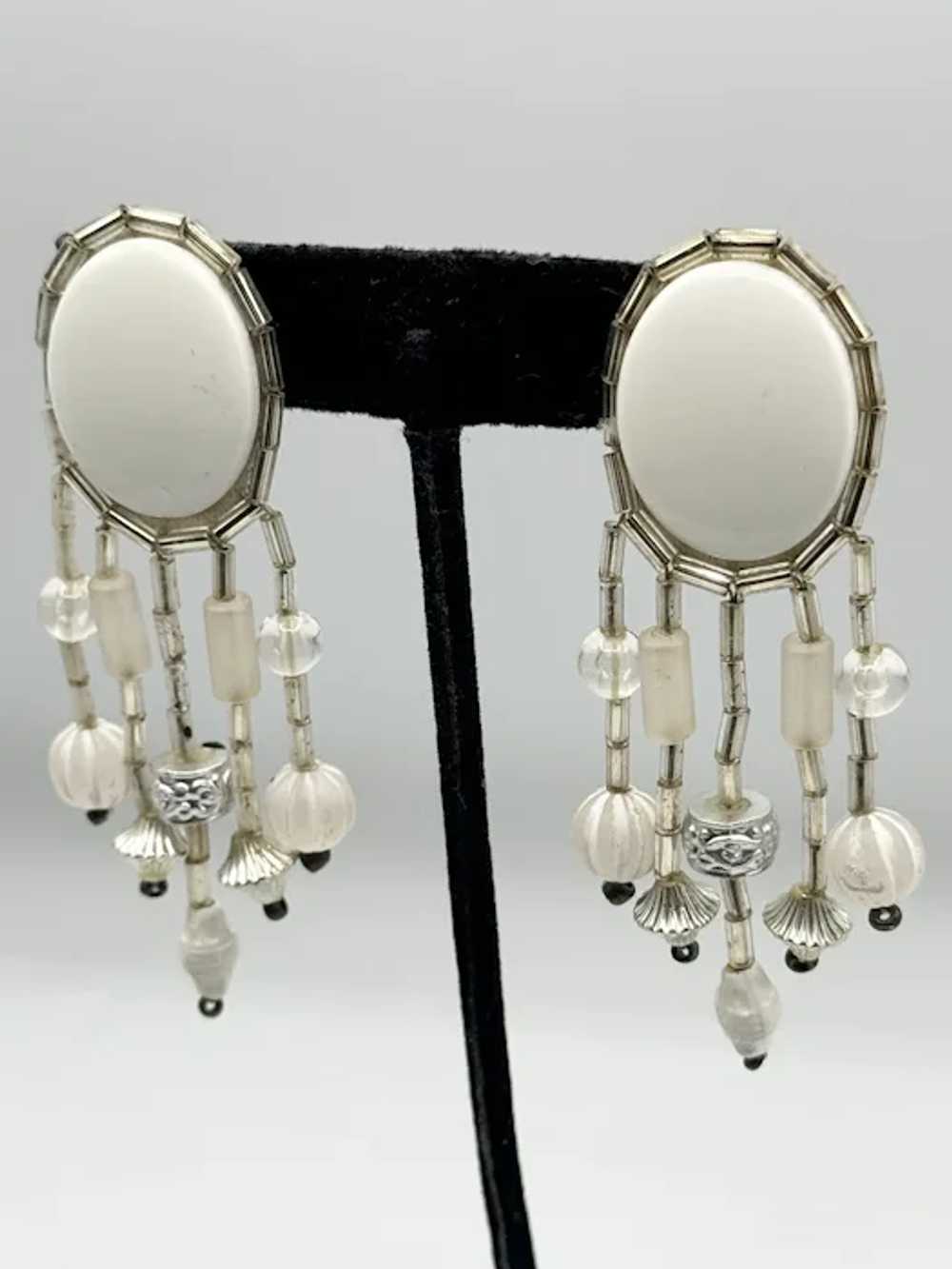 Vintage white beaded silver tassel earrings - image 2