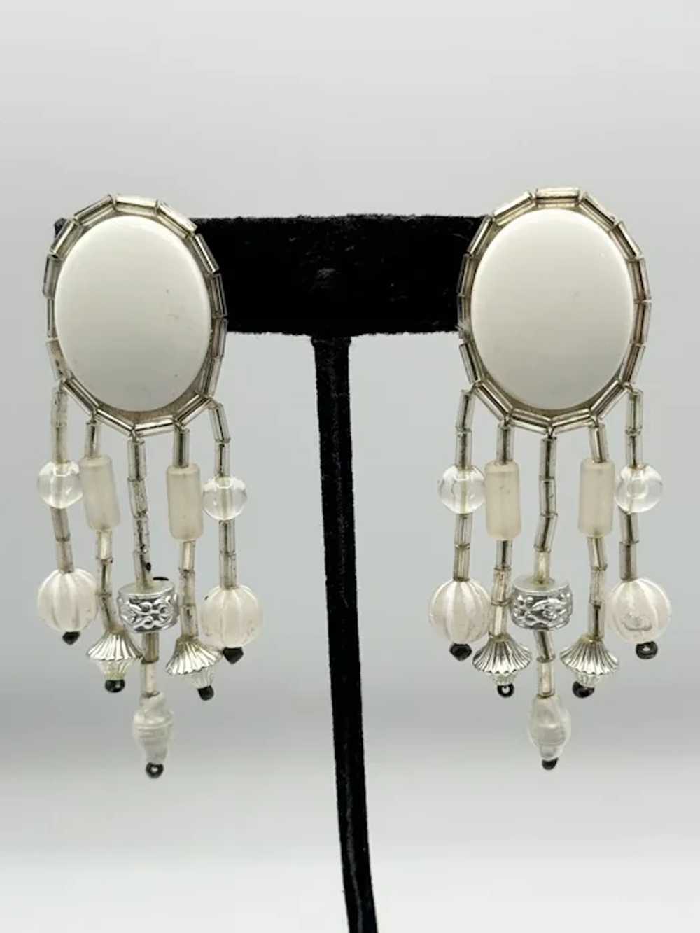 Vintage white beaded silver tassel earrings - image 3