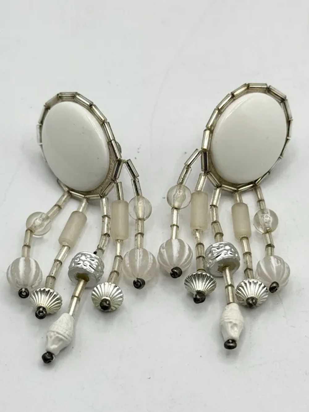 Vintage white beaded silver tassel earrings - image 4