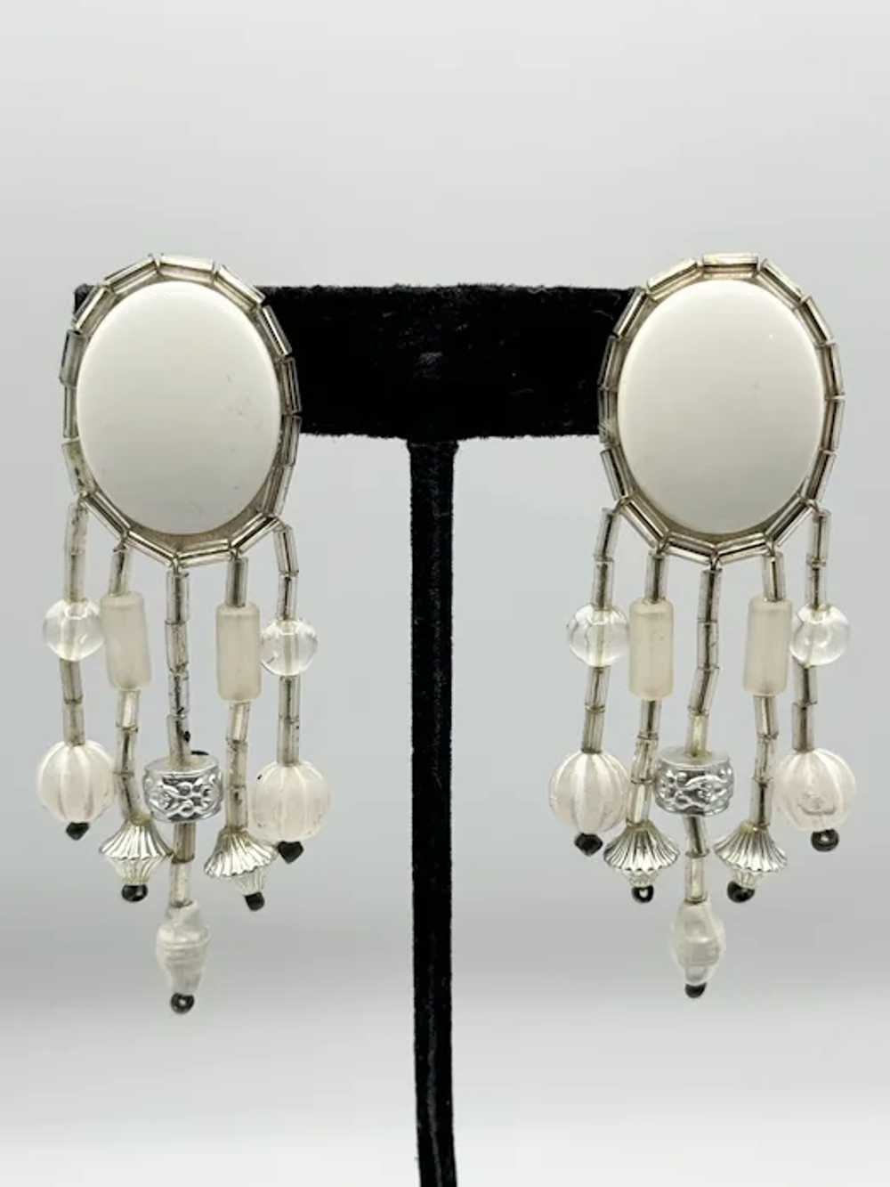 Vintage white beaded silver tassel earrings - image 5