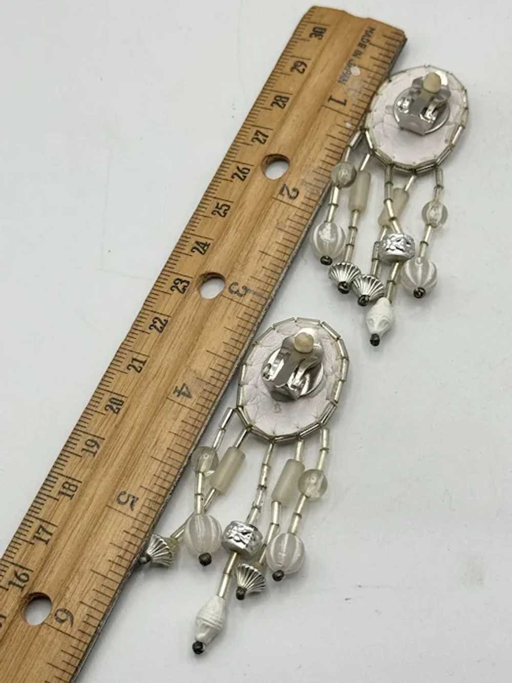 Vintage white beaded silver tassel earrings - image 6