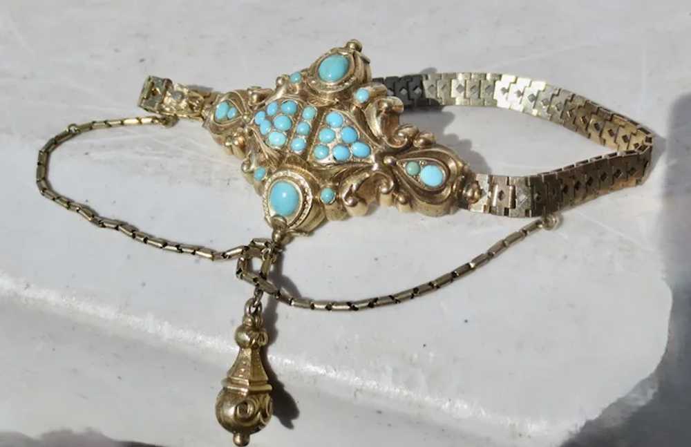 Georgian 14Kt Gold and Turquoise Festoon Bracelet. - image 2