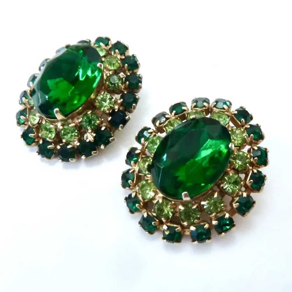 Vintage Large Two-Tone Green Rhinestone Clip Earr… - image 10