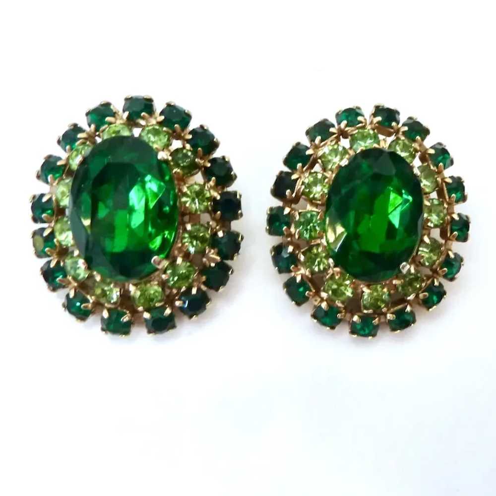 Vintage Large Two-Tone Green Rhinestone Clip Earr… - image 11