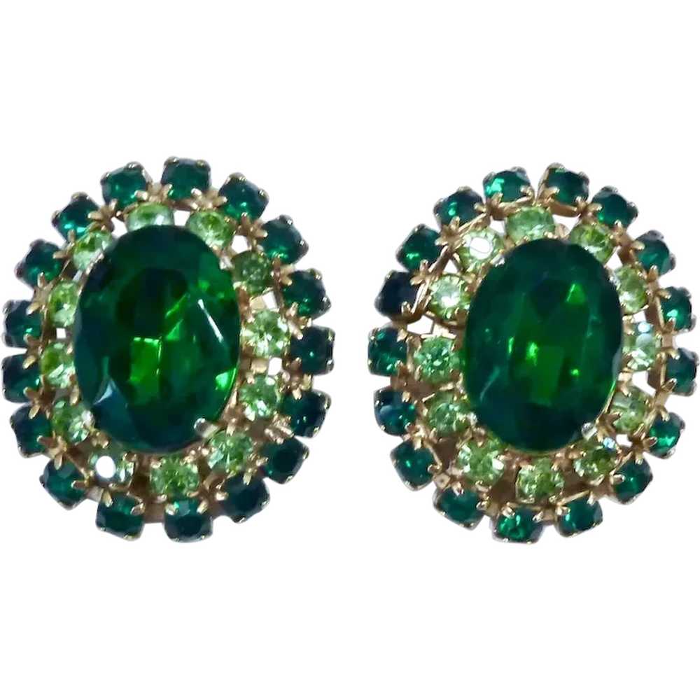 Vintage Large Two-Tone Green Rhinestone Clip Earr… - image 1