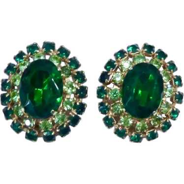 Vintage Large Two-Tone Green Rhinestone Clip Earr… - image 1