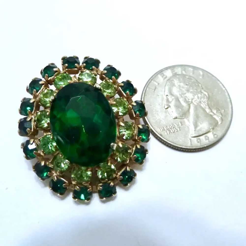 Vintage Large Two-Tone Green Rhinestone Clip Earr… - image 2