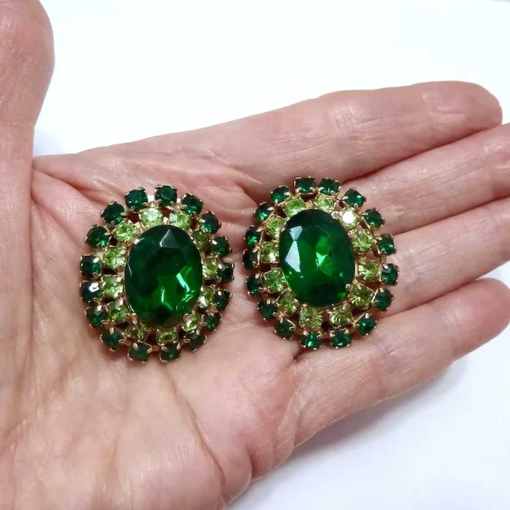 Vintage Large Two-Tone Green Rhinestone Clip Earr… - image 3