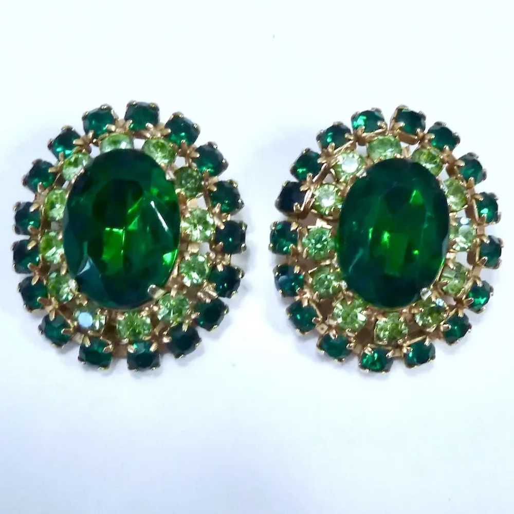 Vintage Large Two-Tone Green Rhinestone Clip Earr… - image 4