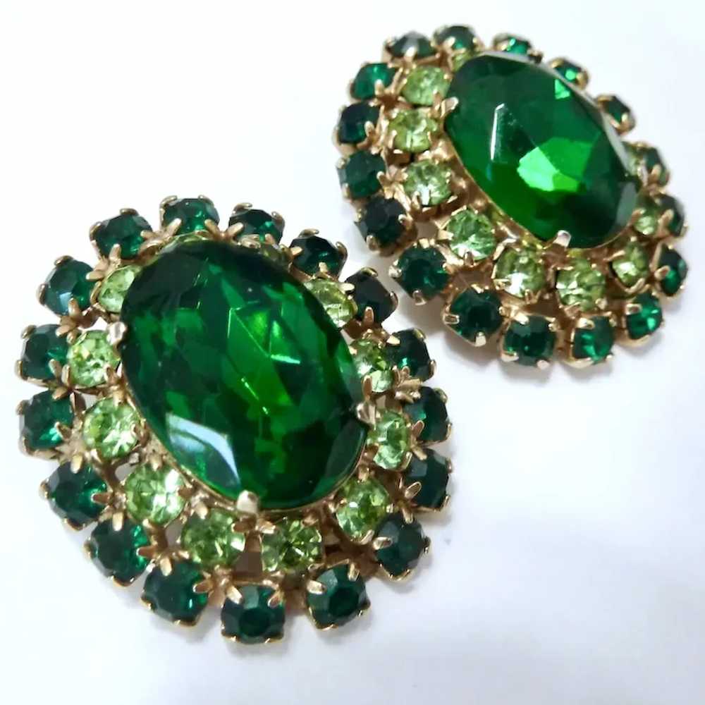 Vintage Large Two-Tone Green Rhinestone Clip Earr… - image 5