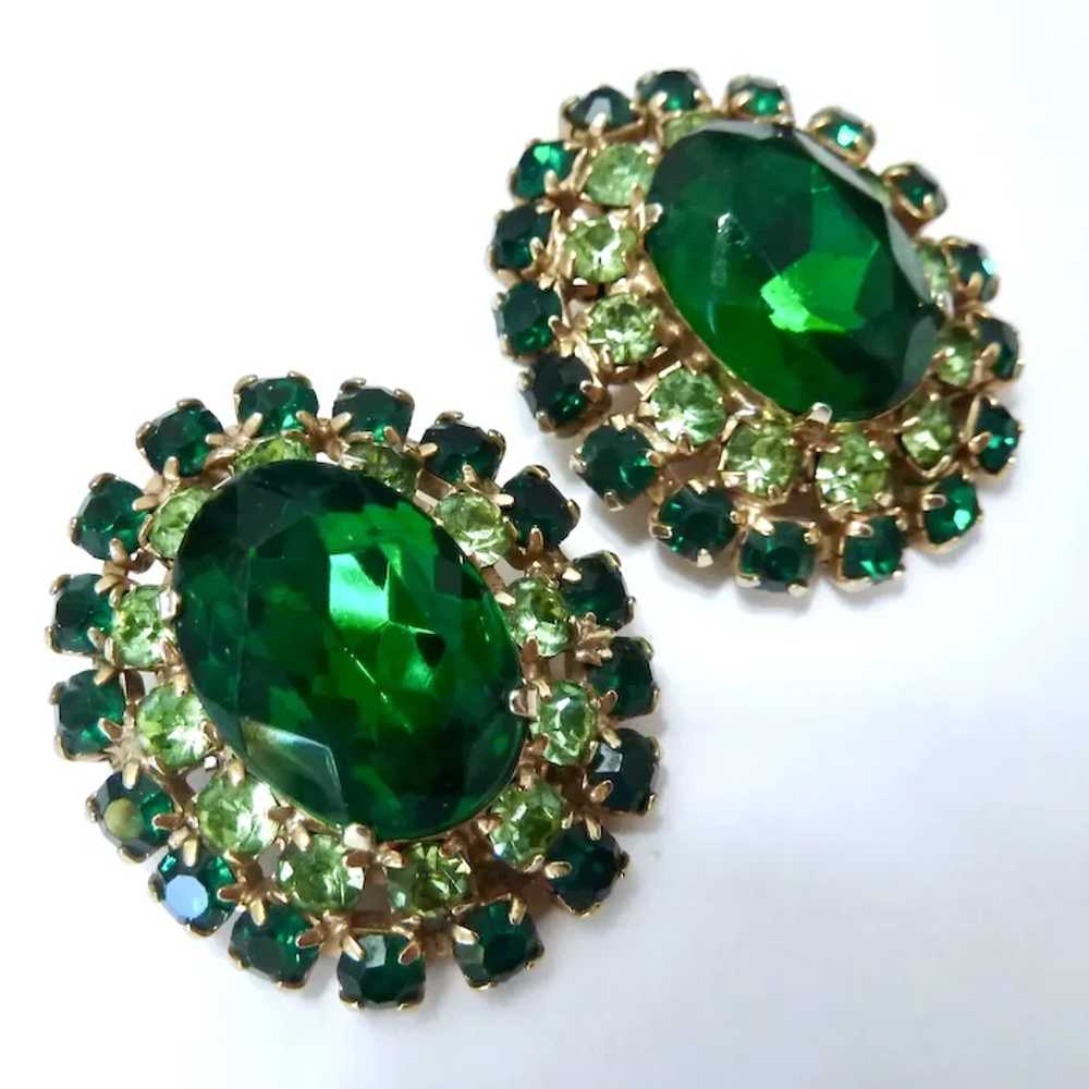 Vintage Large Two-Tone Green Rhinestone Clip Earr… - image 6